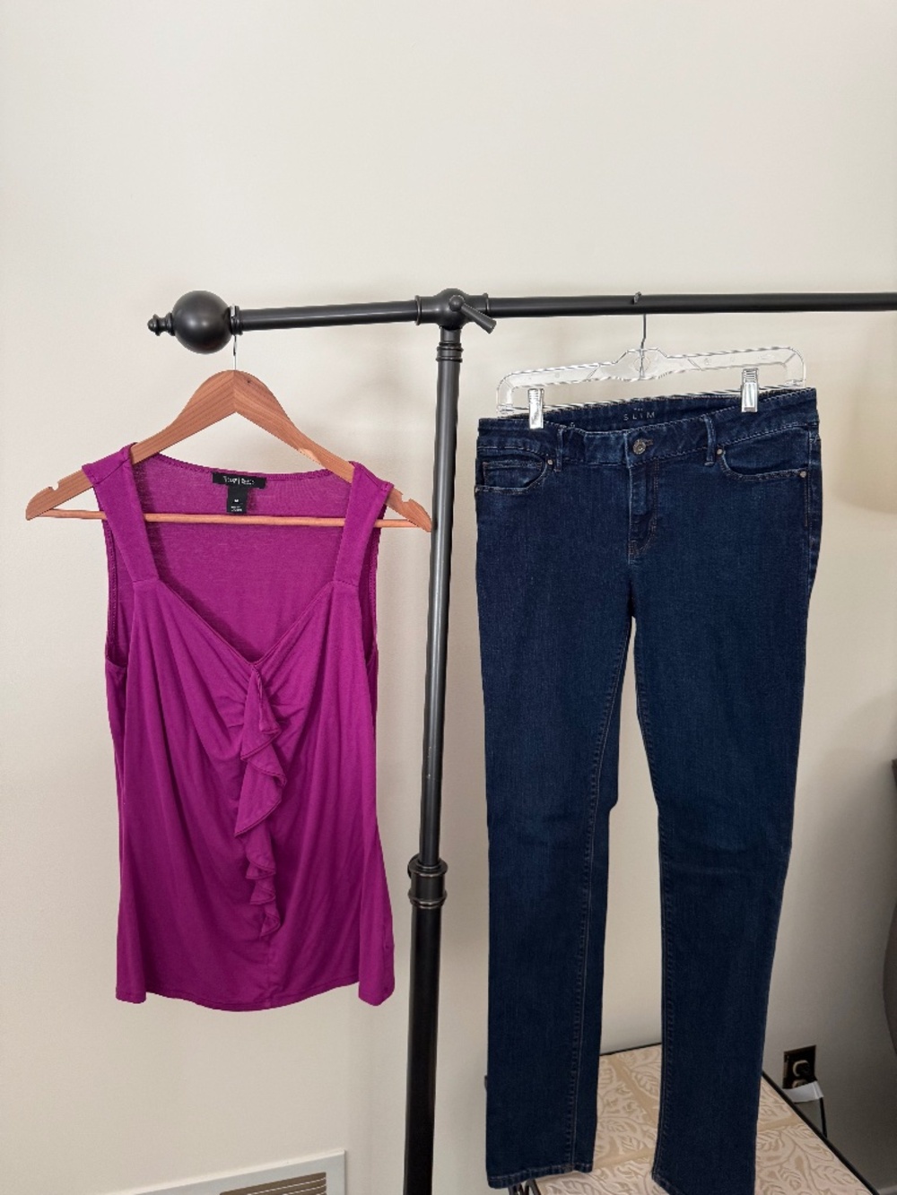 White House Black Market Purple Ruffle Tank & Dark Wash Slim Jeans Bundle